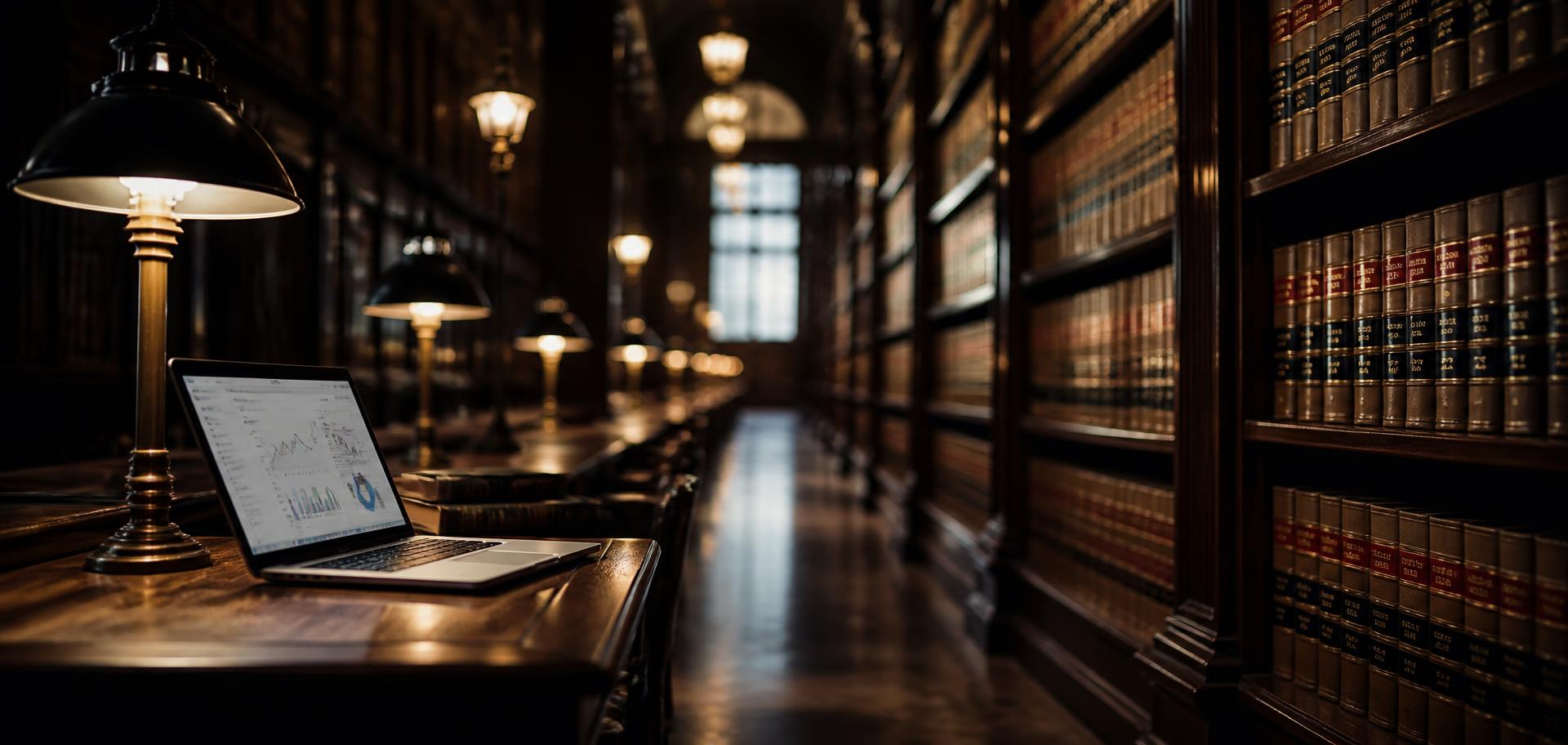 A law firm library with a laptop showing performance charts