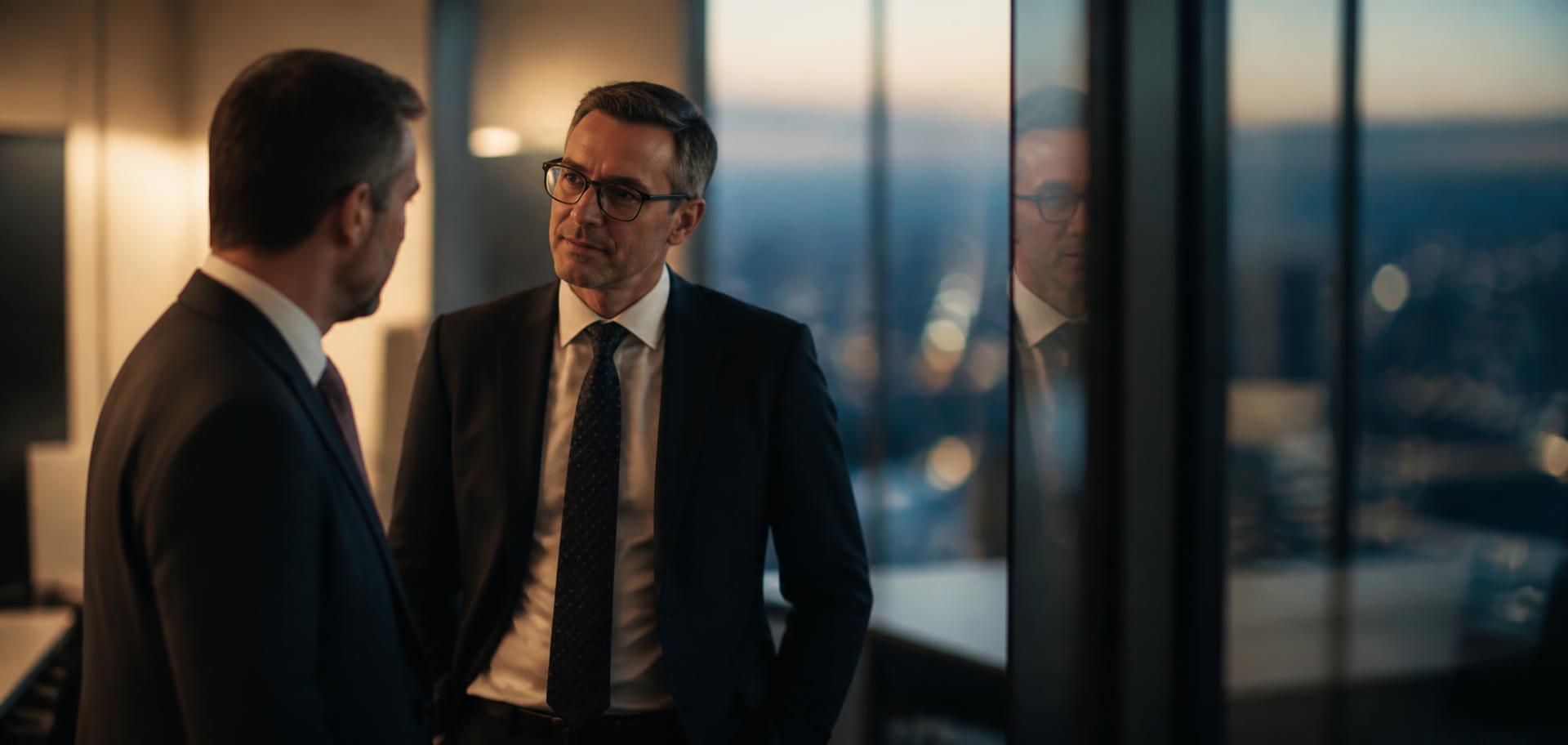 Two solicitors in discussion beside a glass wall in a modern office at dusk