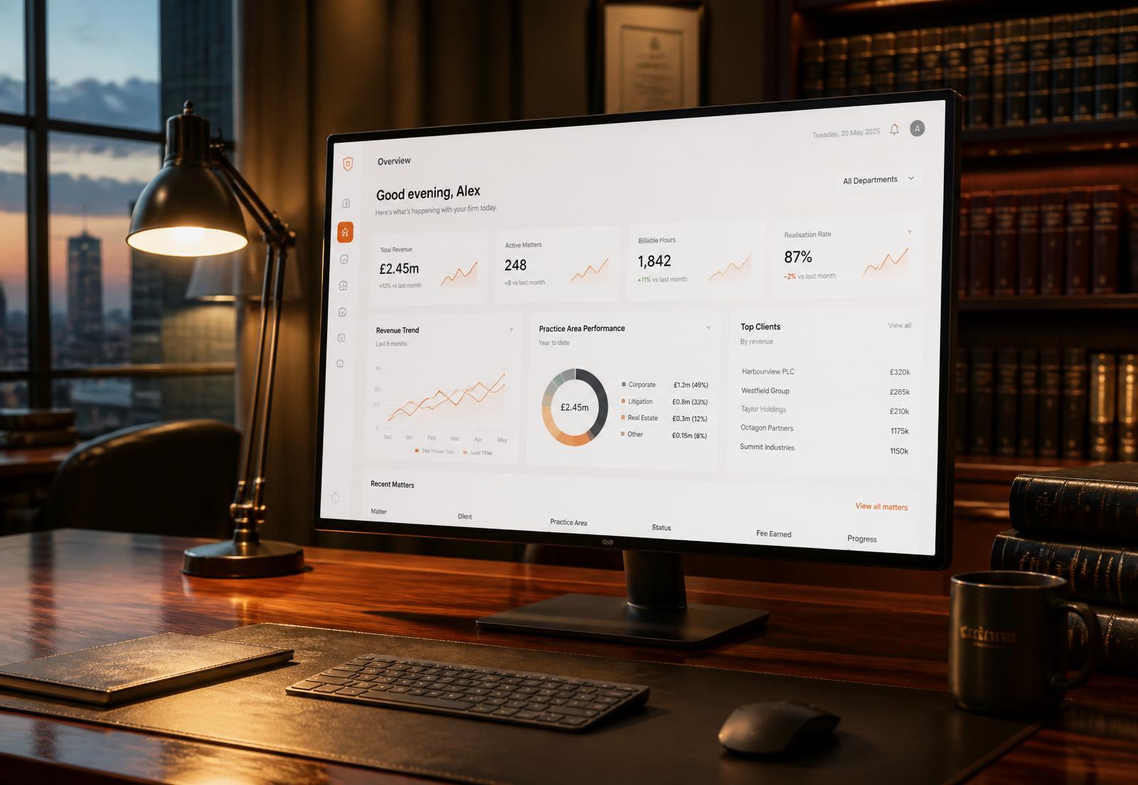 AI Growth Director open on a monitor in a law firm partner's office at dusk